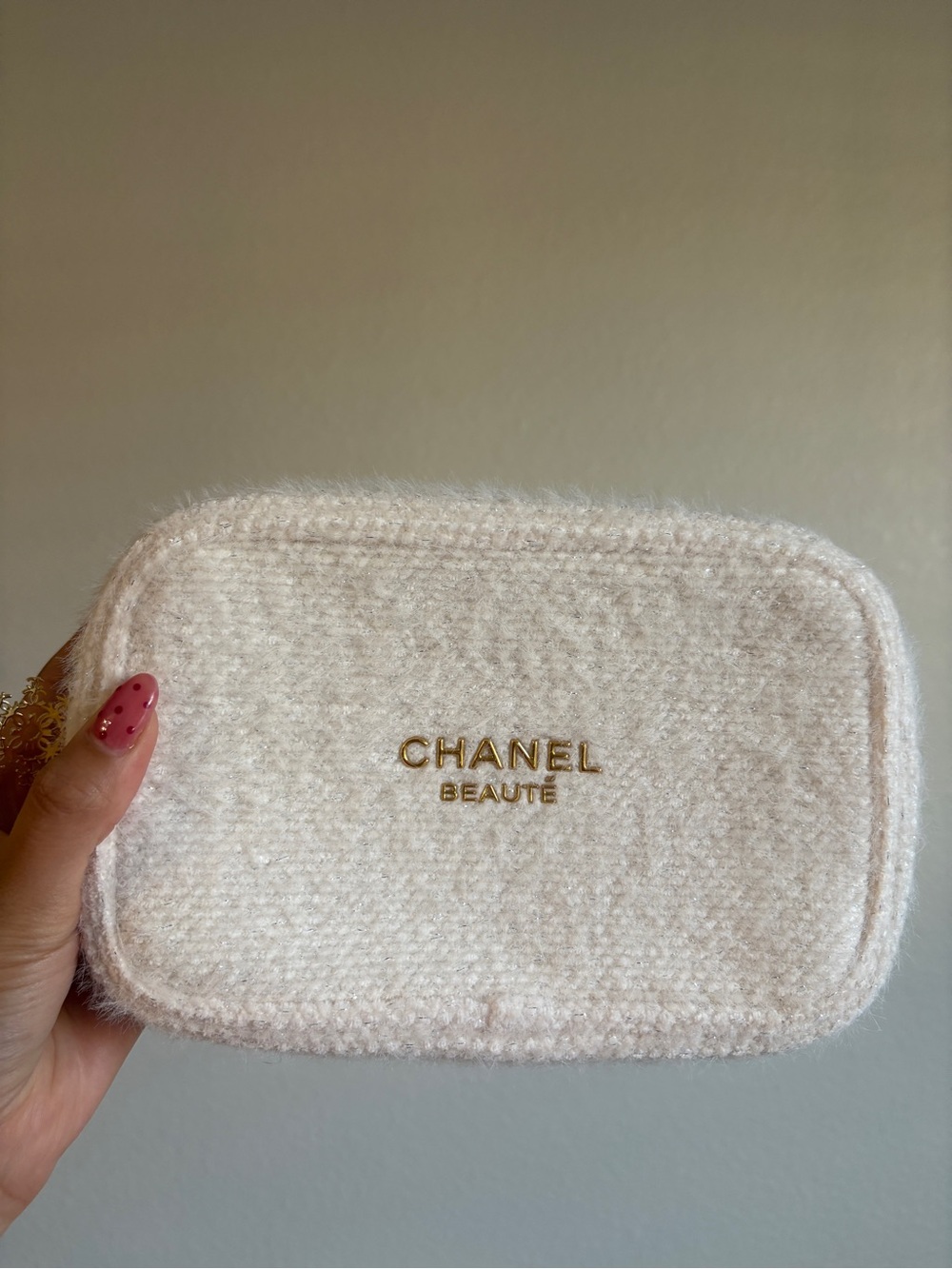 CHANEL Beauté Cream Bouclé Cosmetic Pouch with Gold Logo